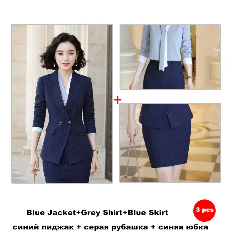 Blue 3 pcs skirt Полосатая юбка костюм профессиональный костюм офисный костюм для дам Униформа куртка с длинными рукавами юбка брюки формальная рабочая одежда 966 - Цвет: Blue 3 pcs skirt