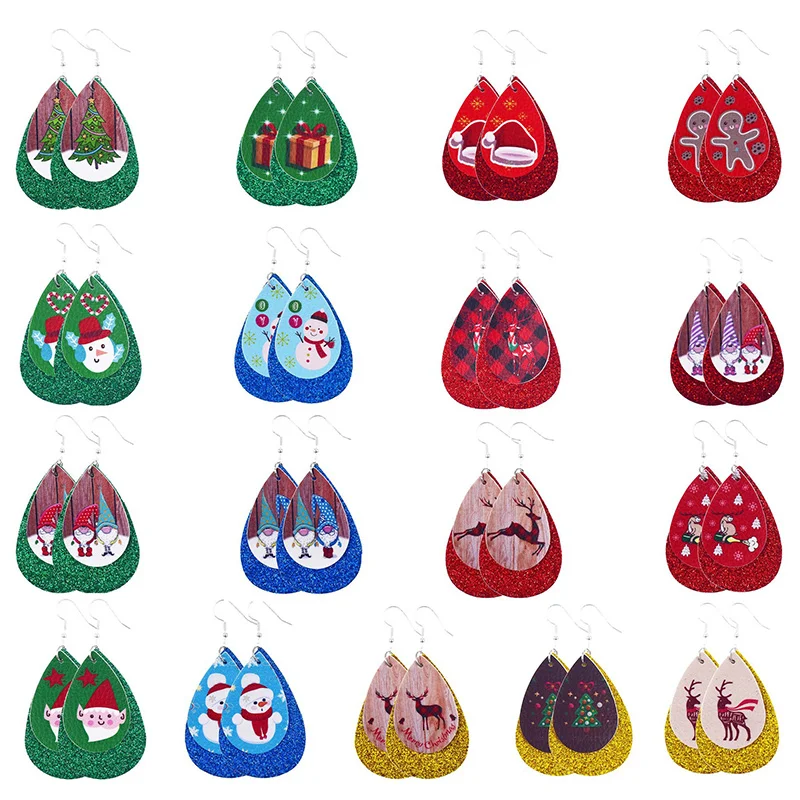 

Newly Christmas Pattern Earrings Leather Hook Teardrop Dangle Women Xmas Party Gifts DO99