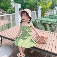 2020 summer korean girl fresh art plaid sling short skirt 2piecesuit thanksgiving boutique kids clothing girls outfits