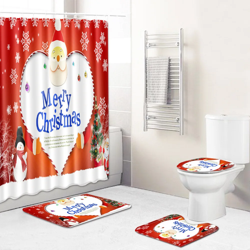 

Zeegle Merry Christmas Shower Curtain Bathroom Curtain Absorbent Toilet Rug Foot Mat Washable Bathroom Rug Non-slip Bath Mat Set