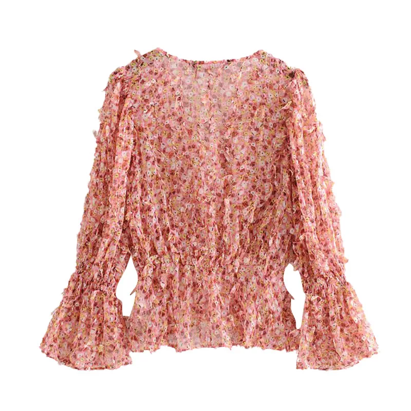 

2020 Women Elegant Printed Textured Weave Ruffled Blouse Vintage V Neck Long Sleeve Shirts Casual Female Chic Tops