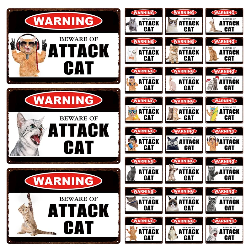 

Pet Cat Metal Sign Warning Word "Beware Of Attack Cat" Tin Sign Plaque Home Decoration Poster Living Room Pet Shop Restaurant