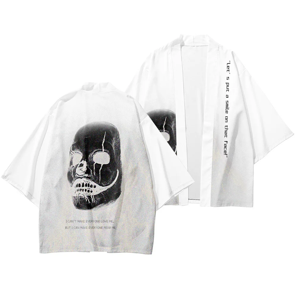 

Traditional Casual Loose Thin Coat and Pants Set Asian Clothes Men Japanese Vintage White Skull Print Kimono Cardigan Harakuju