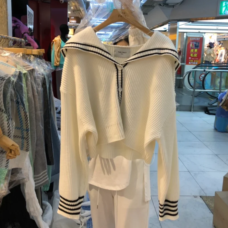 

Свитер женский, универсальный, в полоску, с воротником, с длинным рукавом, Южная Корея, Осень-зима, 2021