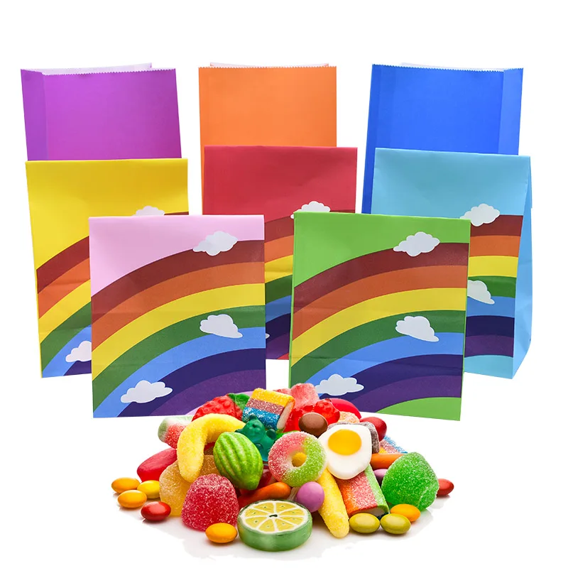 

5/8pcs Rainbow Kraft Paper Bags Stand Up Candy Cooike Package Gift Bag for Wedding Birthday Party Food Wrapping Supplies