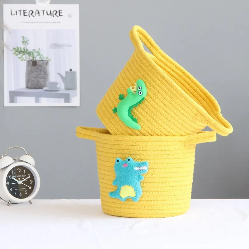 

Cotton Rope Storage Baskets With Crocodile Pendant Dirty Clothes Laundry Basket Handmade Weaving Desktop Sundries Organizer Box