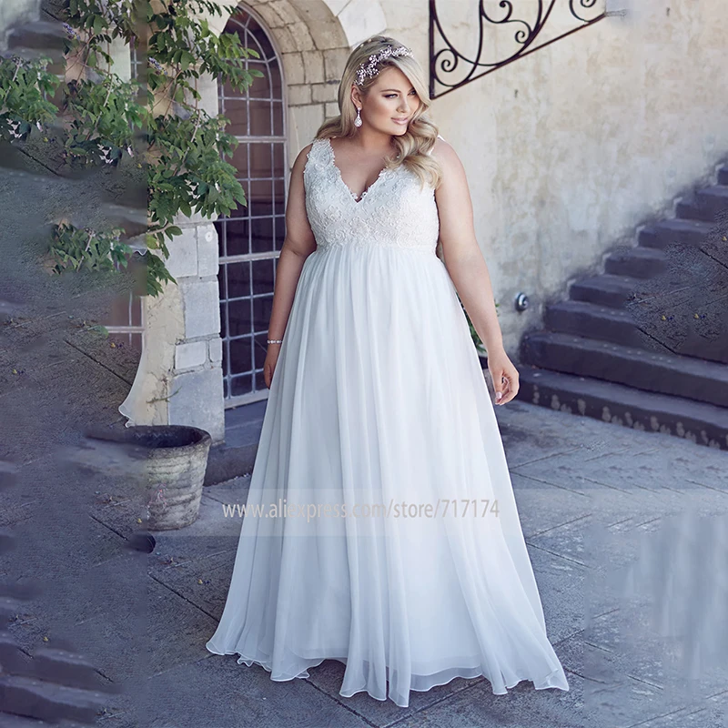 

Chiffon Applique Lace Plus Size Beach Wedding Dress Corset Back White Empire Bridal Gown Long 26W Robe De Soiree Longue