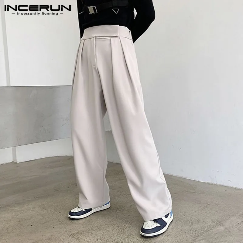 

Fashion High Waist Straight Trousers INCERUN Men Solid Color Casual Pants Man Loose Zipper Pantalones Korean Style Joggers S-5XL
