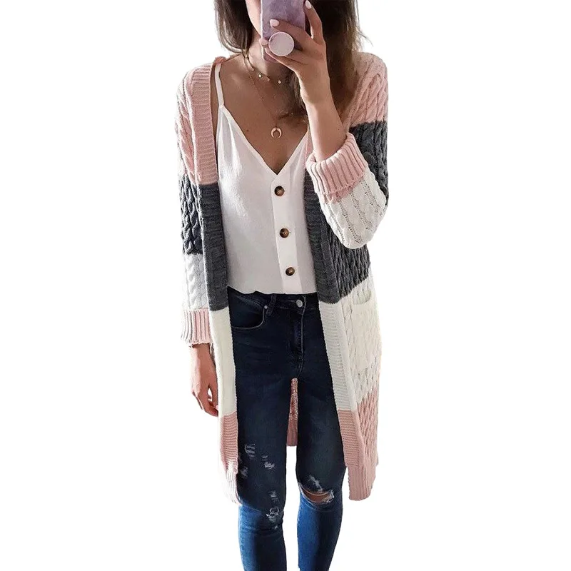 

2021 Fashion Women Sweater Casual Hotsale V-neck Cardigan Stripe Stitching Contrast Pocket Loose Large Size Knitted Sweater