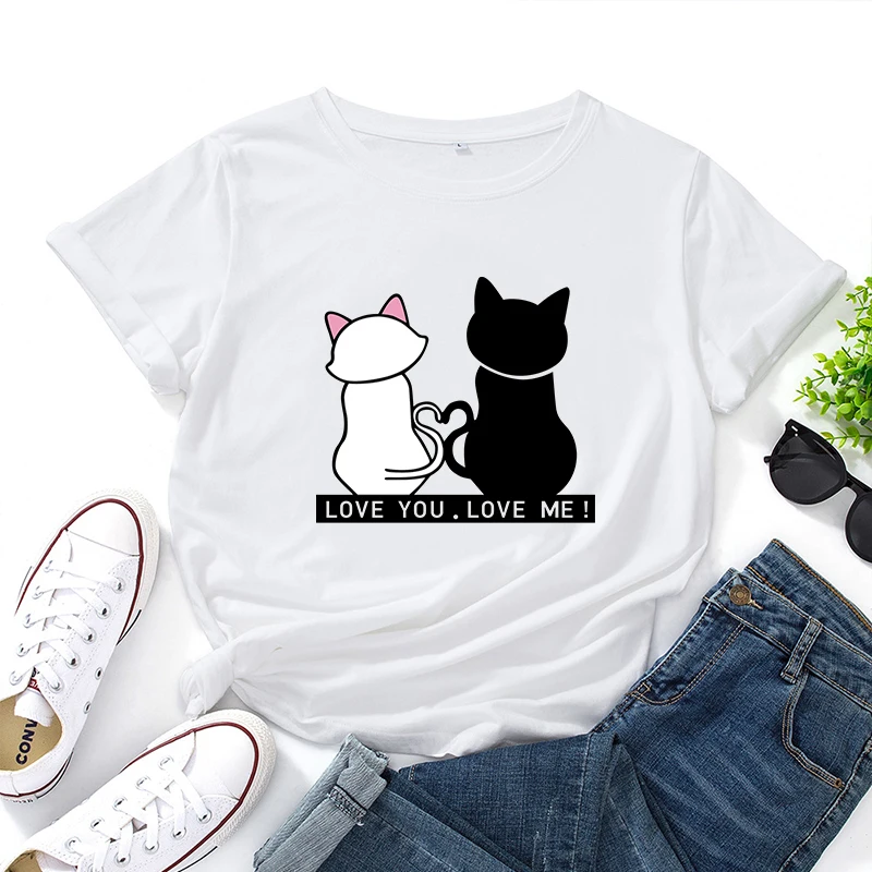 

New Arrival Women's Cute Cat Printed T-shrts High Quality Pure Cotton Tops Classic Ladie Daily Casual Fashion Loose Blouse