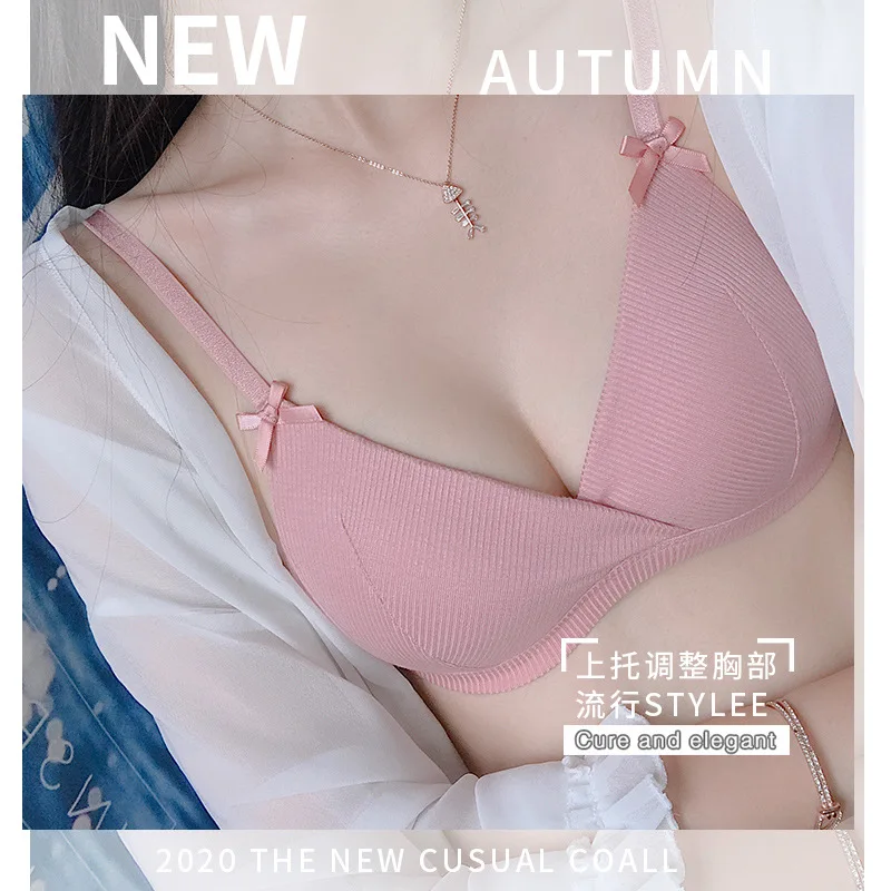 

Summer Thin Section Underwear Female Push up Small Bust Thin-Steel Ring Triangle Cup French Bra Set Cover Cotton Sexy