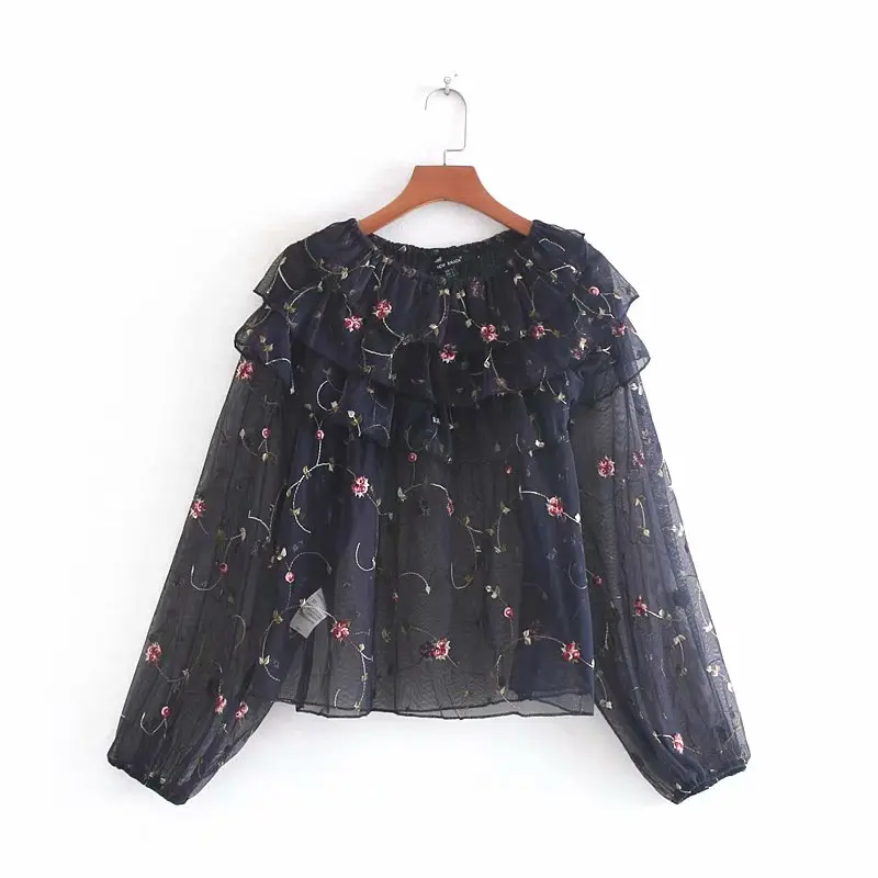 Женская мода 6 цветов Цветочная вышивка Повседневная сетчатая Рубашка Блузки