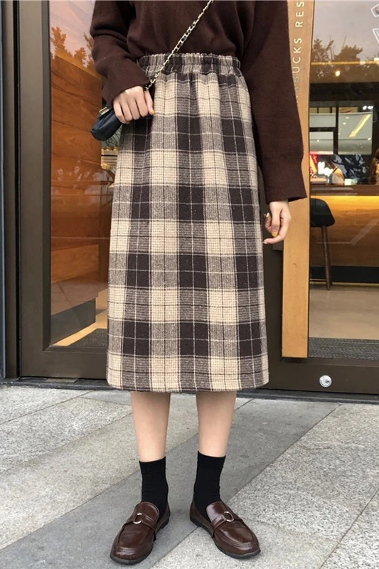 2019 корейская женская Зимняя шерстяная юбка с высокой талией а-силуэт в клетку