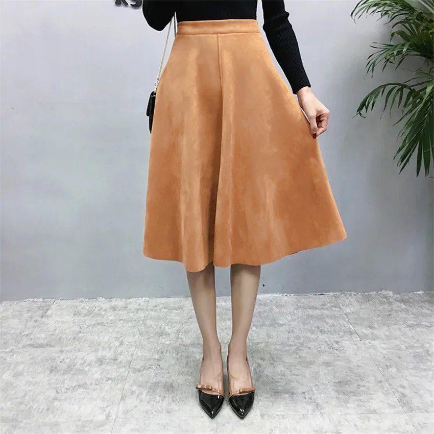 Женская винтажная замшевая юбка длинная Плиссированная миди с завышенной талией