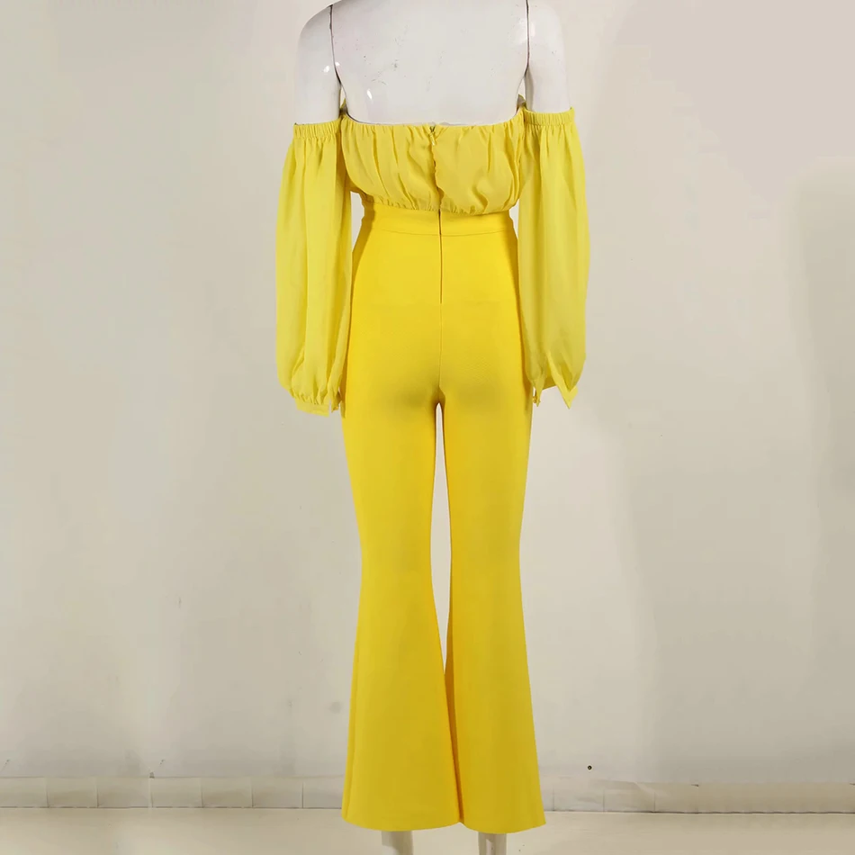 

Ailigou 2020 New Women Party Club Yellow Sexy Off Shoulder Chiffon Long Sleeve Strapless Full Length Bandage Bodycon Jumpsuits