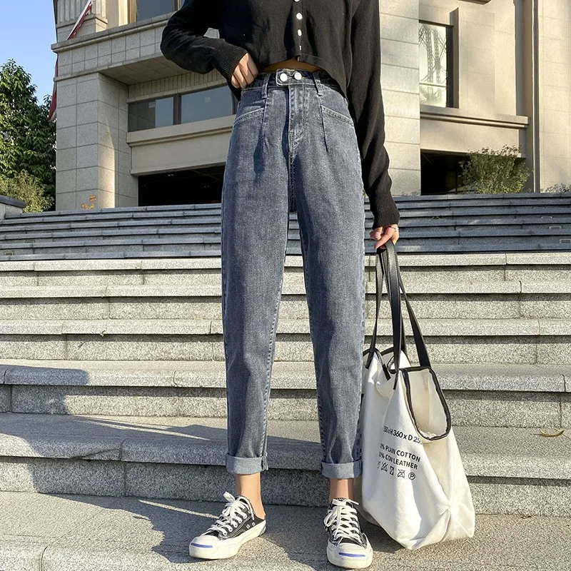 

Синие серые шаровары, женские джинсовые брюки, Осень-зима, женские джинсы с высокой талией, свободные джинсовые брюки, повседневные джинсы д...