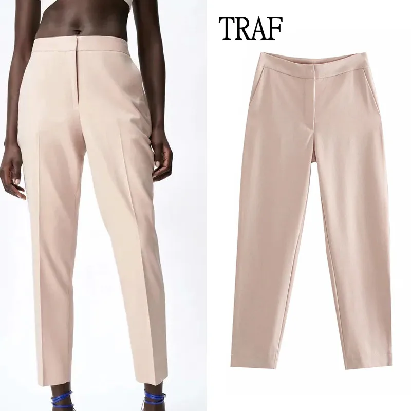 

Брюки TRAF женские офисные с завышенной талией, модные штаны на молнии, винтажные повседневные Пиджаки, костюмы, y2k, 2021