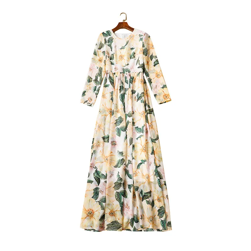

station 2021 spring and summer new women's round neck long sleeve printed yellow flower green leaves elegant long