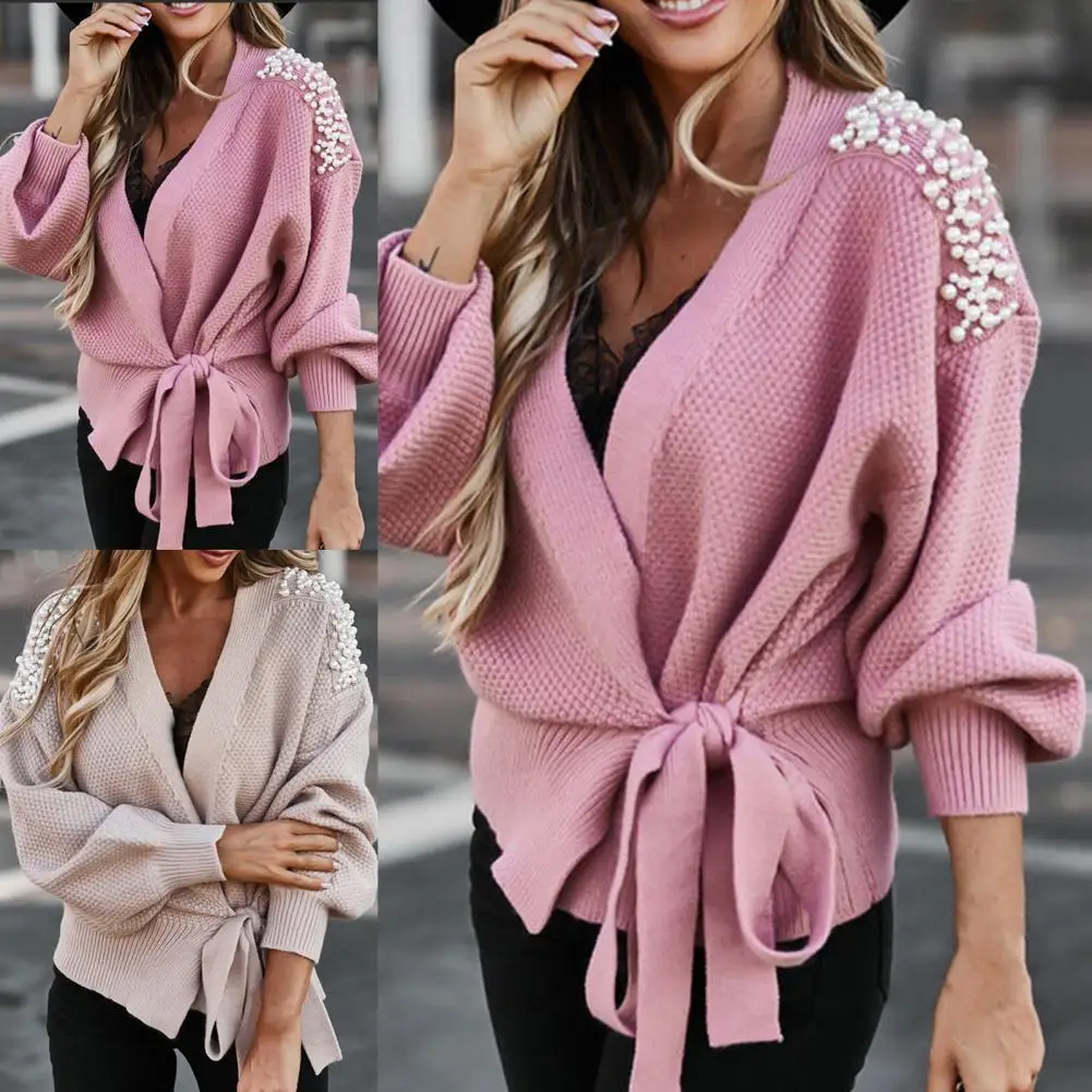 

Women Sweater Solid Color Lace Casual V Neck Imitation Pearl Knitted Bow Knot Autumn Sweater for Daily Wear
