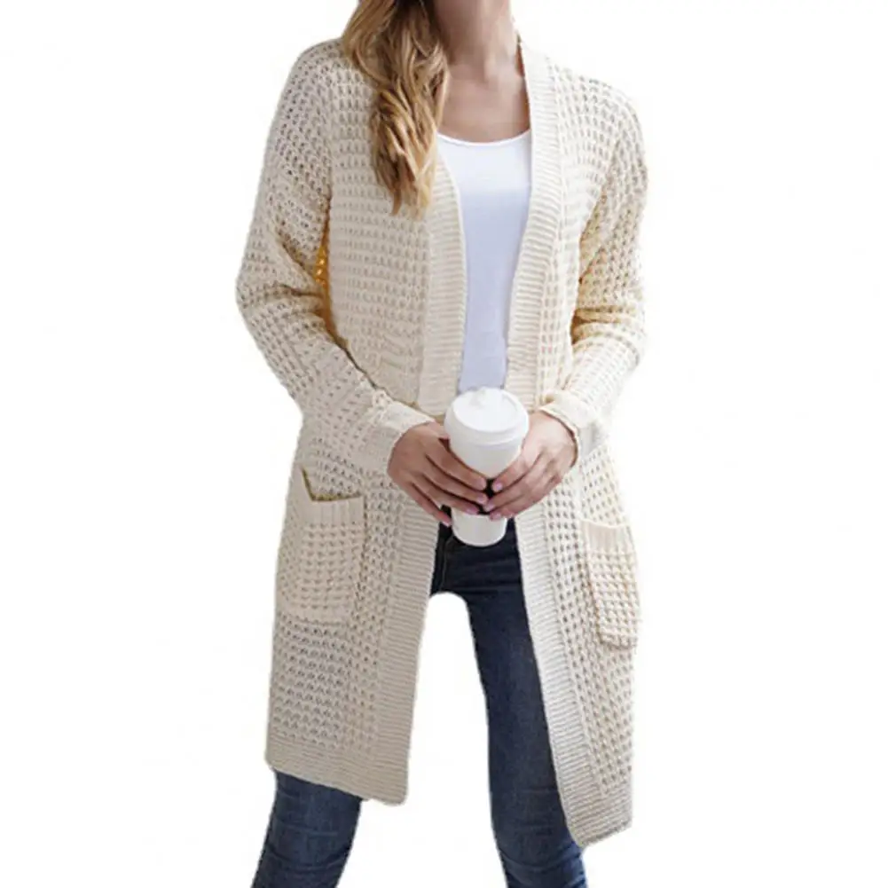 

Knitted Long Sleeves Women Cardigan Cold Resistant Windproof Autumn Winter Pockets Open Front Sweater Coat Outerwear for Daily