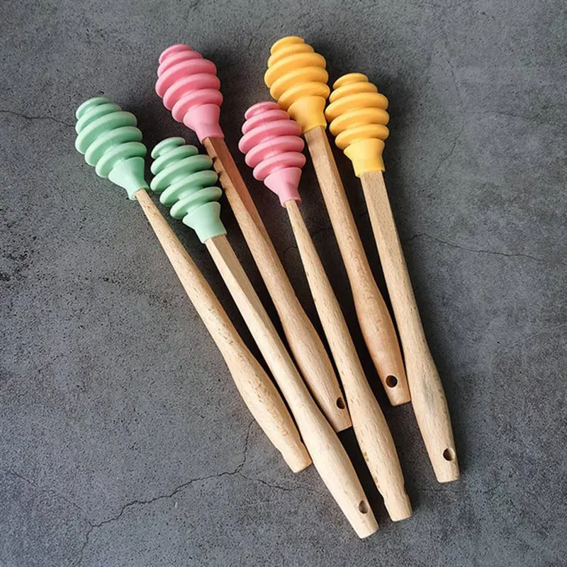 

Silicone Honey Dipper Sticks Wood Handle Marmalade Dippers Syrup Stirrer for Honey Pot Jar Container Honey Spoon