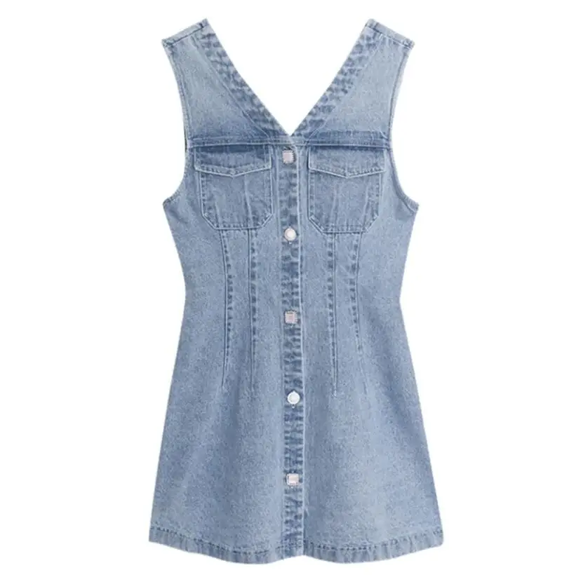 

Vintage V collar Denim dress women 2020 Summer Sleeveless Casual jeans dresses female mini Dress w596