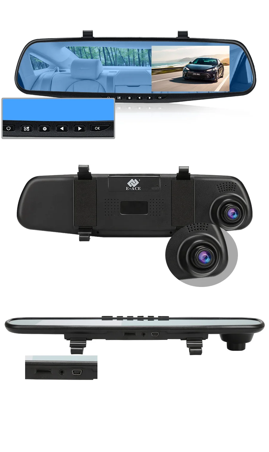 E-ACE, 4,3 дюймов, Автомобильный видеорегистратор, камера Full HD 1080 P, автоматическая камера, зеркало заднего вида с dvr и камерой, видеорегистратор, видеорегистратор для автомобиля
