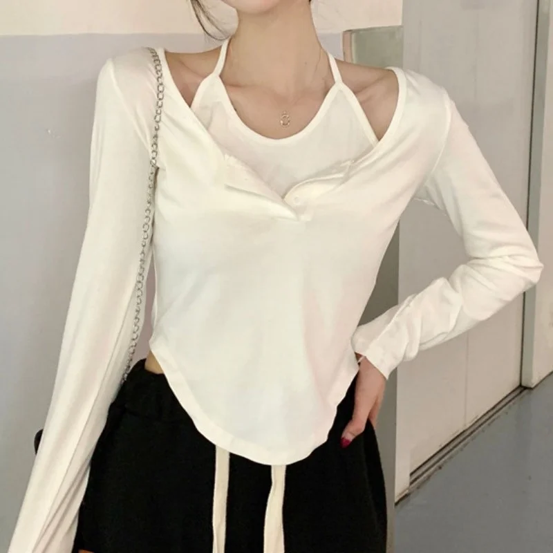 

Long sleeve T-shirt women's spring and autumn 2021 new fake two piece design sense, minority irregular slim fitting bottomed