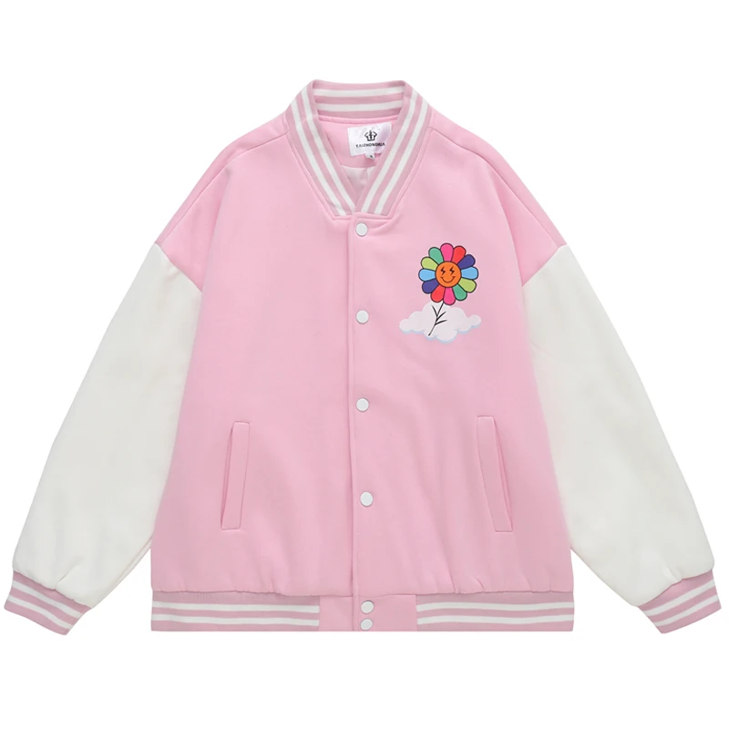 

Men Sunflower Embroidery Varsity Coats Harajuku Baseball Jacket Unisex Oversized V-neck Streetwear Couple Patchwork Jackets Tops