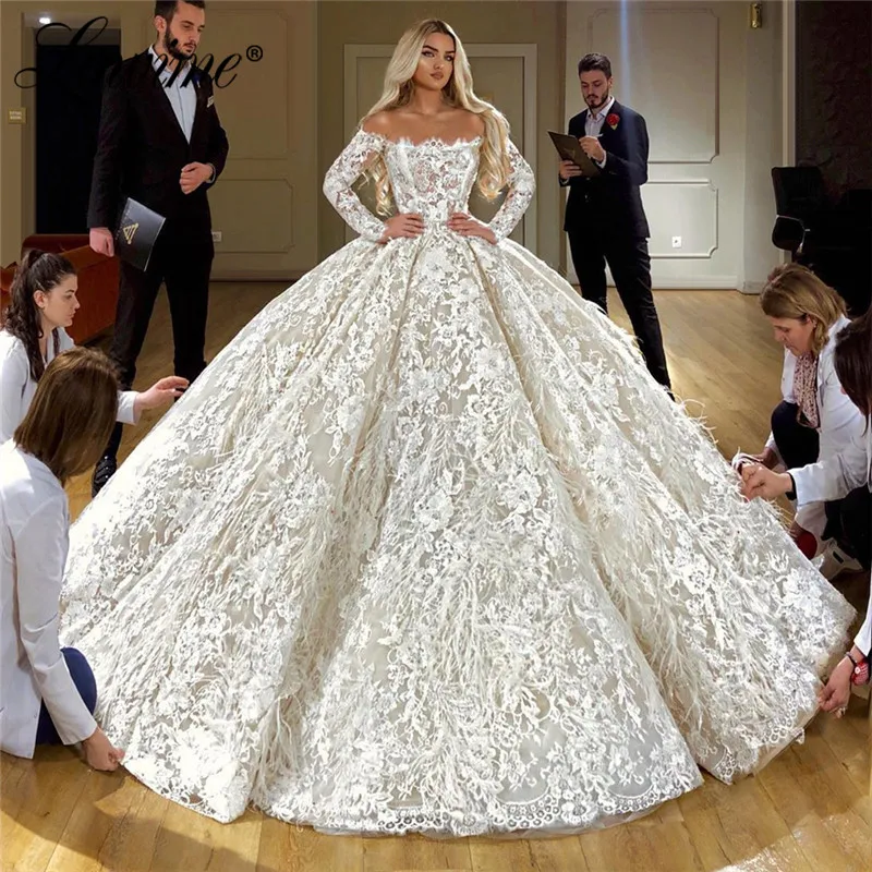 

Feather Lace Wedding Dresses 2020 Vestido De Noiva Long Sleeves Wedding Dress Robe De Mariee Mariage Wedding Gowns Bride Dress