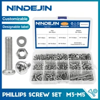 nindejin 541721pcs cross recessed round head m3 m4 m5 screw set nut washer stainless steel phillips machine screw assorted kit