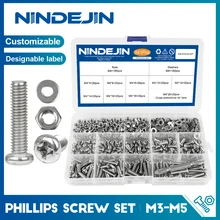 NINDEJIN – Kit assorti de vis M3 M4 M5, 541/721 pièces, rondelle d'écrou en acier inoxydable, Phillips, à tête ronde encastrée