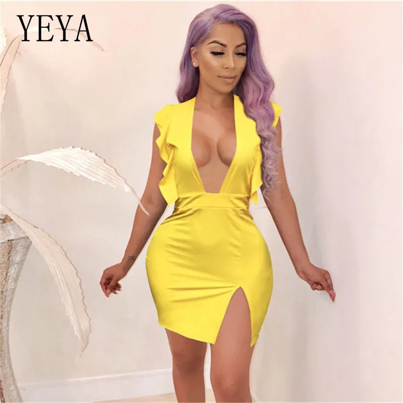 

KEXU желтое облегающее пикантное мини-платье-карандаш с глубоким V-образным вырезом и оборками, летнее Стильное женское бандажвечерние плать...
