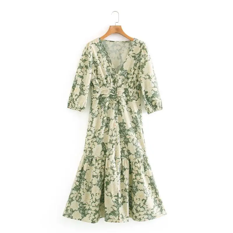 

Print Summer Dress Women 2020 Plus Size Puff Long Sleeve Lined Buttons Female Elegant Flounced Hem Midi Dresses Long Vestidos