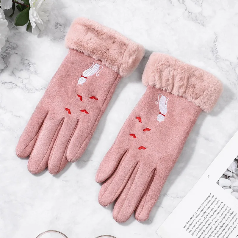 Pink3 Женские зимние перчатки с сенсорным экраном, женские замшевые меховые теплые перчатки с полным пальцем, женские зимние перчатки для спорта на открытом воздухе, женские перчатки для вождения - Цвет: Pink3