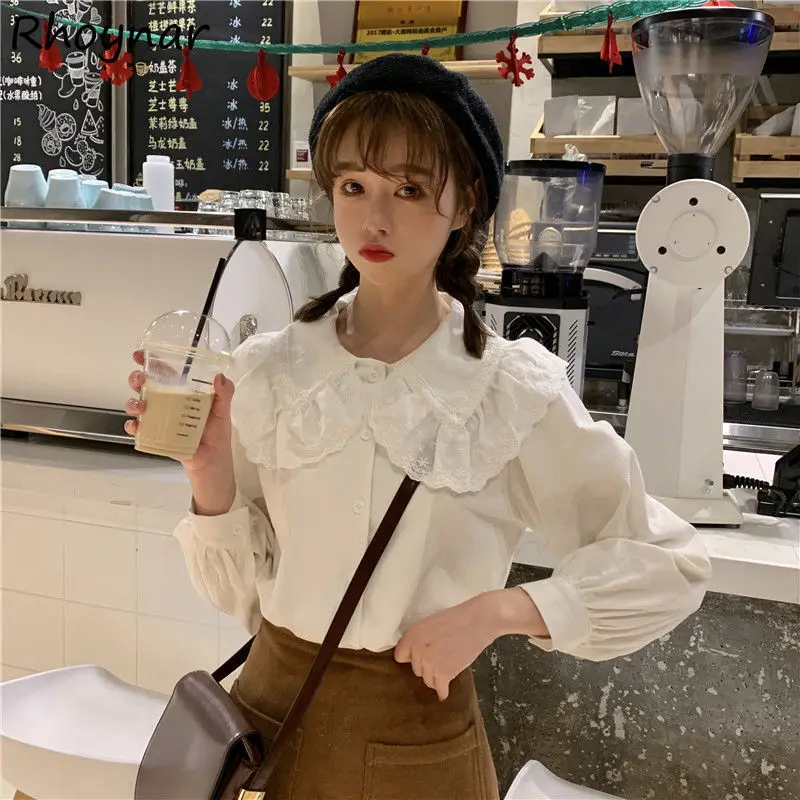 

Shirts Women Autumn White Solid Simple Peter Pan Collar Girls Lovely Lace Design Clothing All-match Vacation Ins Chic New Trendy