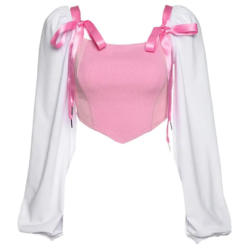 

Милая женская летняя французская нежная Винтажная футболка с квадратным вырезом и длинным рукавом, элегантные женские розовые Топы с банто...