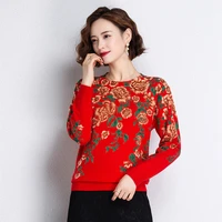 orange sweater women long sleeves cashmere round neck pullover autumn winter peony print soft warm knit office lady jumper top