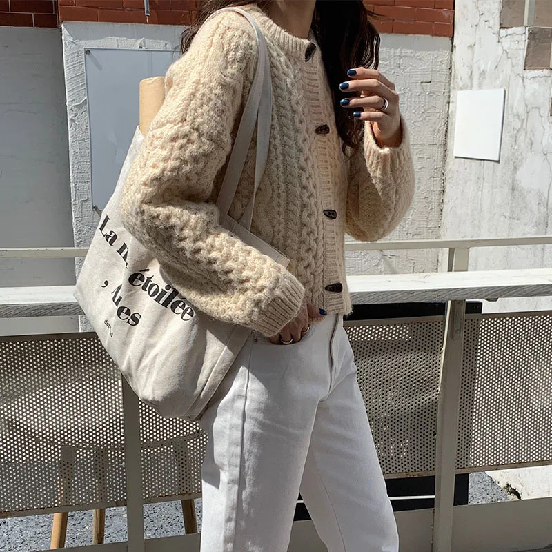 

Ox horn button sweater coat short thickened twist knitted cardigan Japanese soft and lazy outside