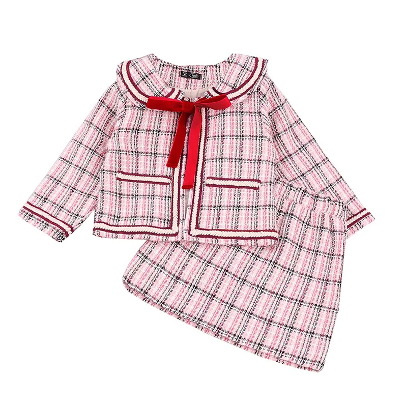 

2021 Spring Autumn Girls Fashion Plaid Suit Baby Kids Children Clothing Set Including Coat+ Skirt 2pcs