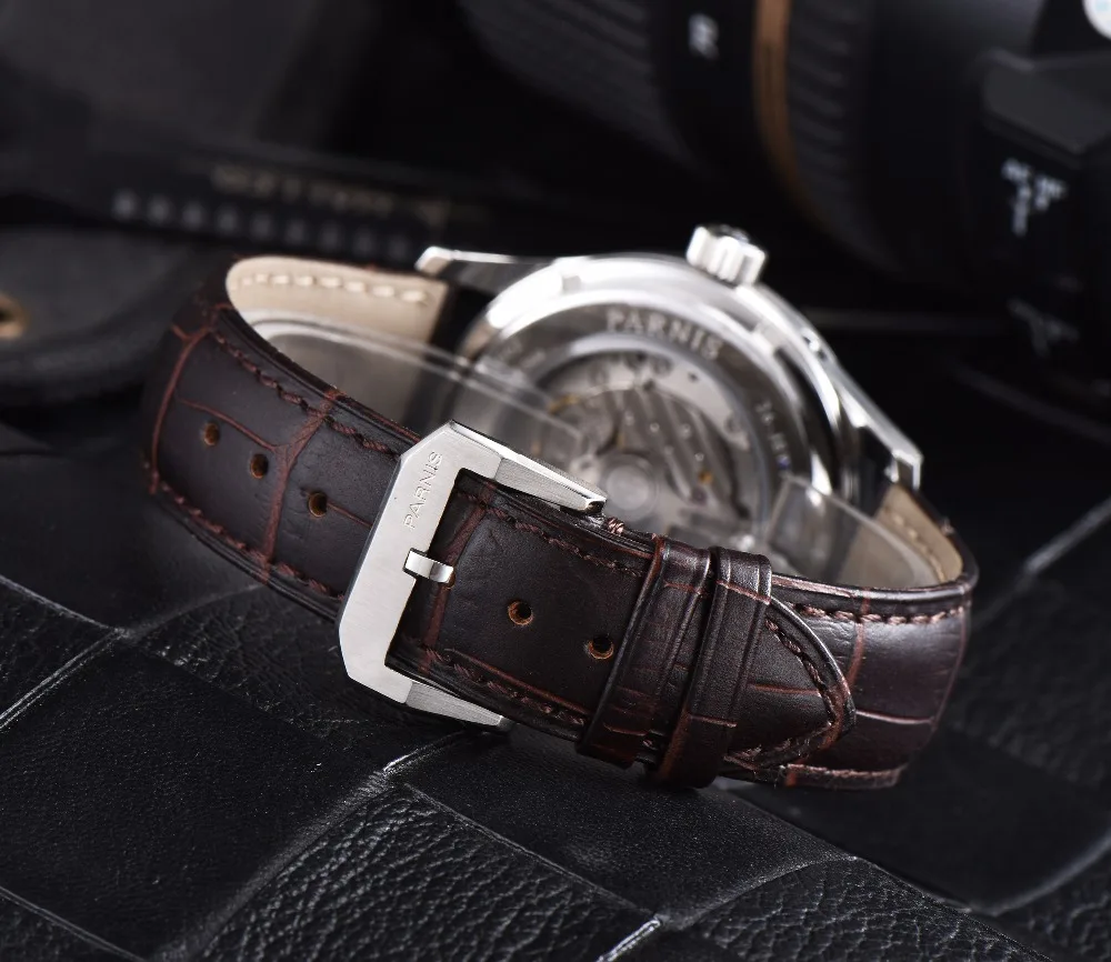 Мужские механические Автоматические часы Parnis коричневые с синими стрелками