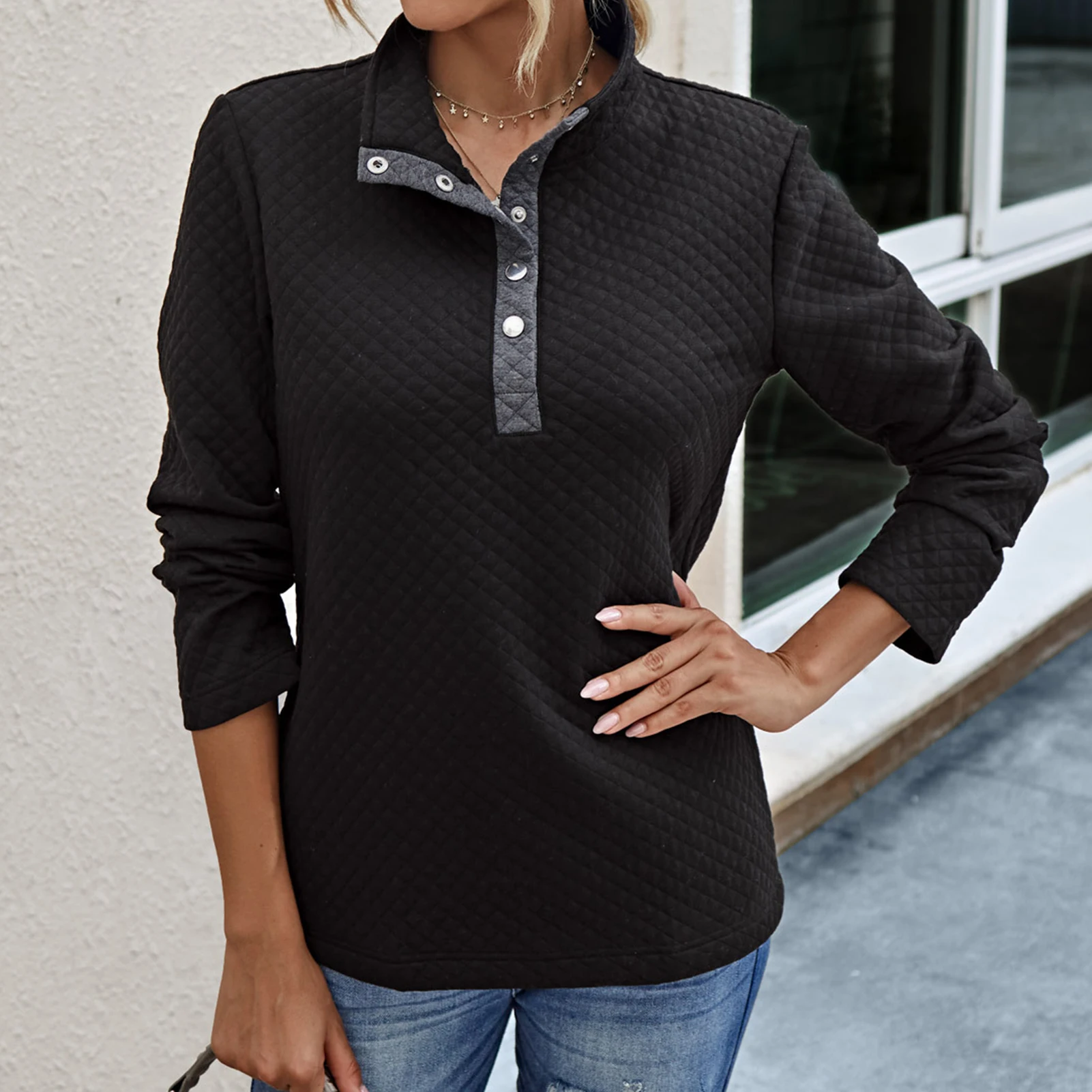 

Women Long Sleeve Turn Down Collar Buttons Pullover Sweatshirt Waffle Blouse