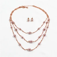 trendy rose gold elegant multi layers pink pearls necklace stud earrings jewelry set for women bridal wedding anniversary jewely