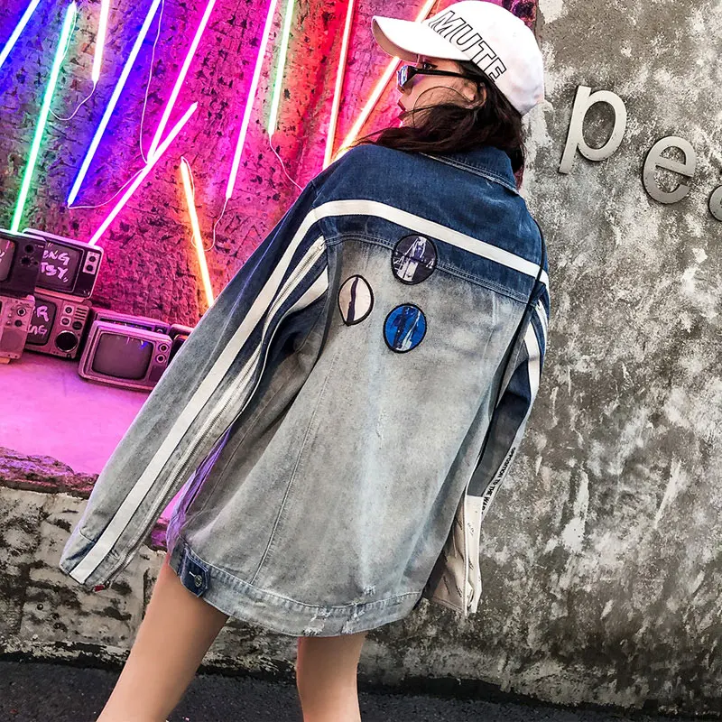 

2019 Autumn Casual Gradient Pattern Women Denim Hole Jacket and Coat Loose Casual Patch Jean Jackets Streetwear Clothes
