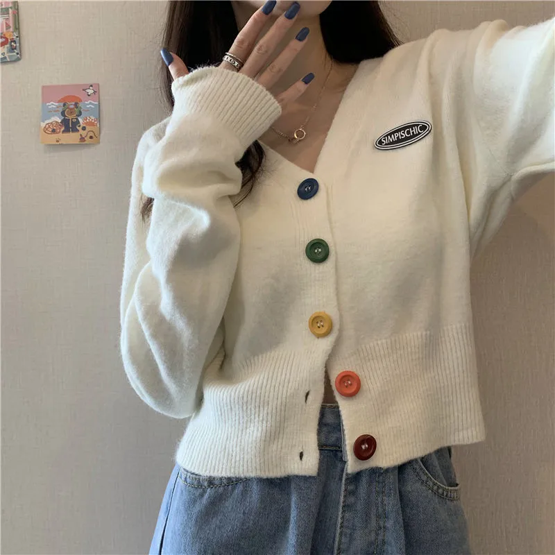 

Women Spring Autumn Cropped Cardigan Cute Sweaters New Korean Casual Kawaii V Neck Long Sleeve Sweater Sweet Knitted Cardigan
