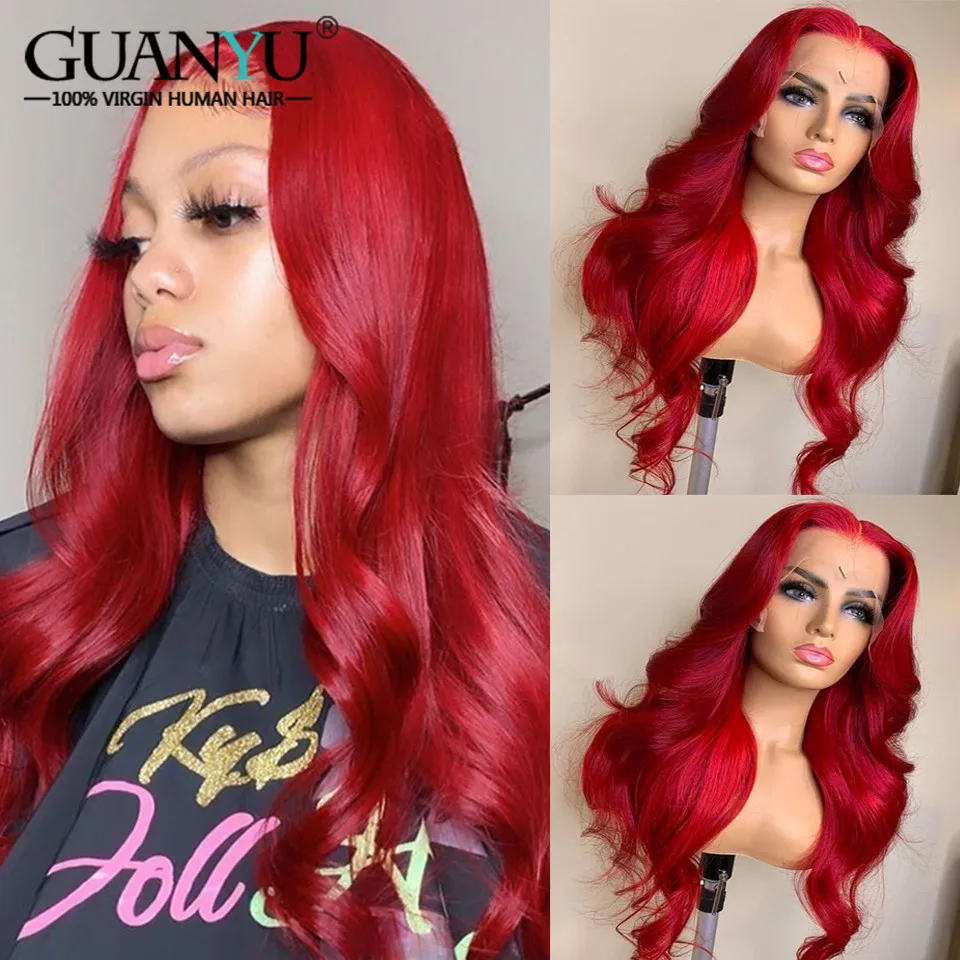 

Красный парик из человеческих волос, предварительно выщипанный парик на сетке спереди, волнистый, светлый, цветной, прозрачный, на сетке спе...