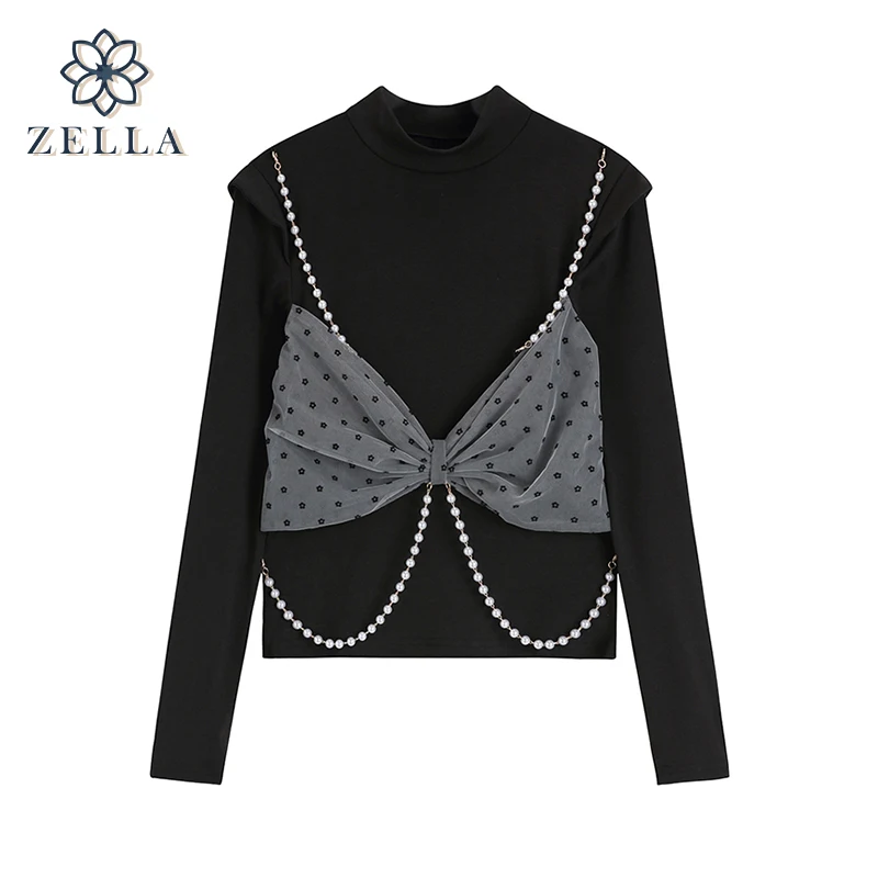 

Women's Vintage Bow Bottoming Shirt Slim Long Sleeve O-neck Female Harajuku T-shirts Casual Trendy Design Tees 2022 Spring New