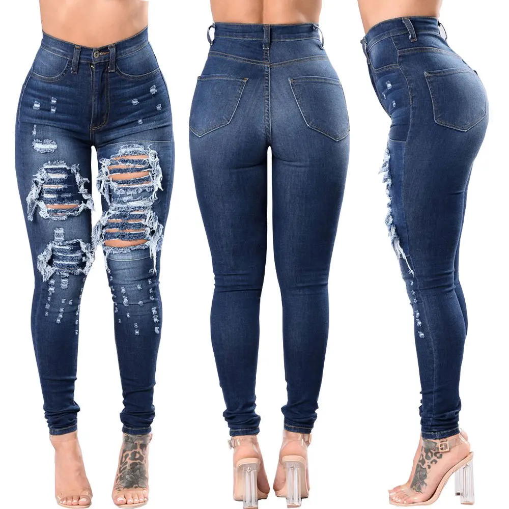 

Kalenmos New Women Jeans Ripped High Waist Stretch Sexy Peach Buttocks Feet Trousers Woman Button Placket Streetwear Pants