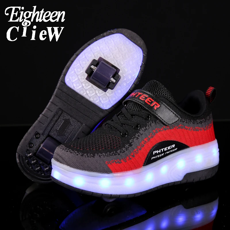

Size 30-40 Glowing Sneakers with Wheels USB Charging Children Roller Skate Casual Shoes Boys Girl Automatic Jazzy LED Lighted