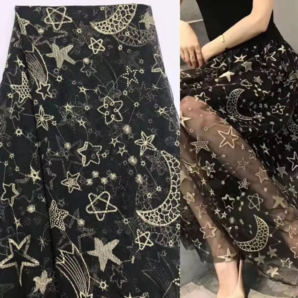 1 Yard Galaxy Embroidery Metallic lace fabric Stars Moons Lace Back Tulle Fabric for DIY Sewing Prom dress Evening Dress